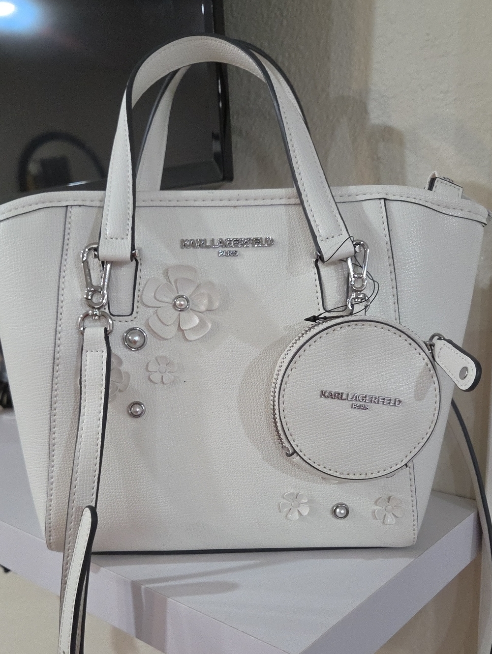 Karl Lagerfeld White Floral Appliqué Shoulder Bag with Coin Pouch